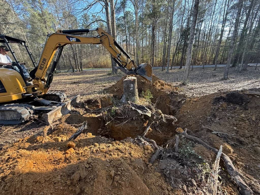 CAT excavator stump removal and excavation